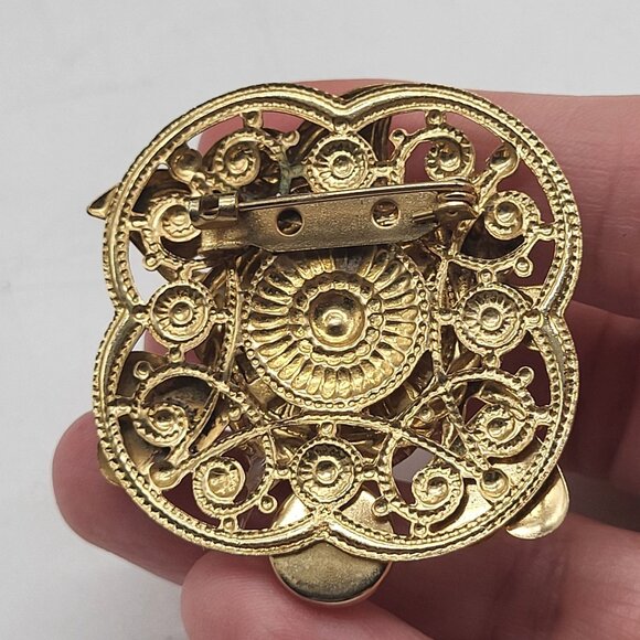 VTG Gold Tone Brooch Pin Mask Cupid Hearts Faux Pearl Time Unbranded - Picture 4 of 9